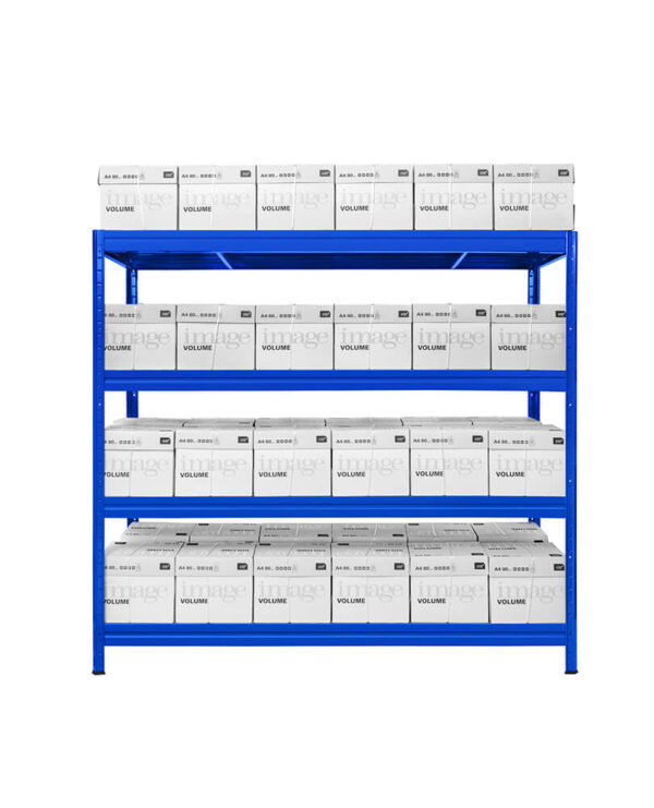 Blue powder-coated 4 tier storage rack with 500kg UDL per shelf – 1770x2000x600mm