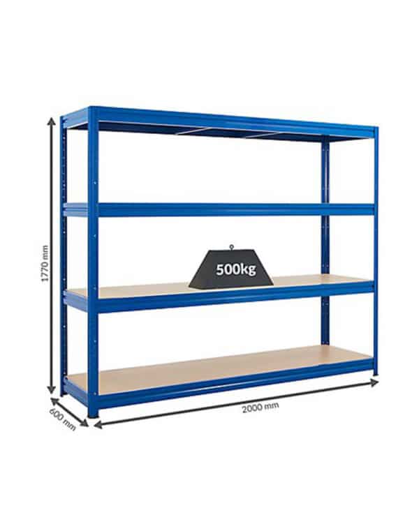 Blue powder-coated 4 tier storage rack with 500kg UDL per shelf – 1770x2000x600mm