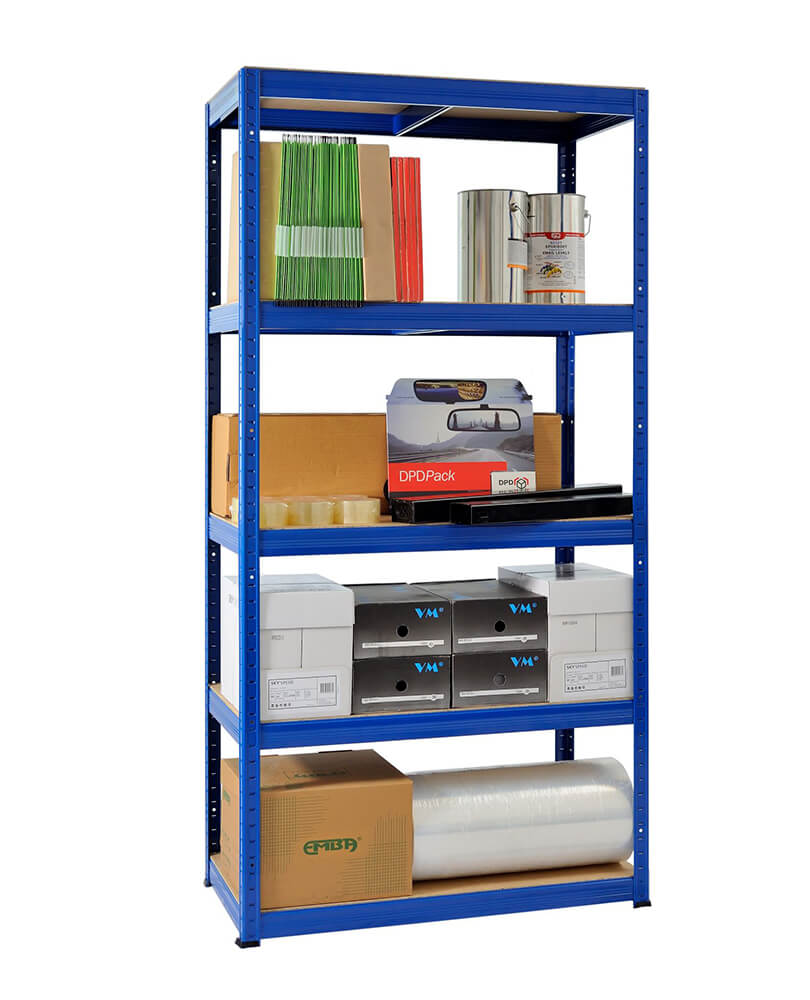 Blue powder-coated 5 tier shelving unit with 350kg per shelf load – 1800x900x450mm